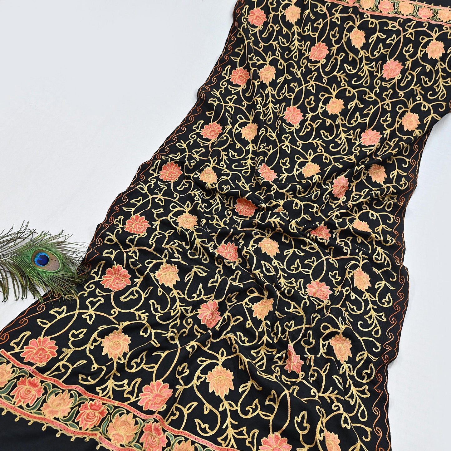 Vintage Stole Black woolen Handmade Ari work Long Throw Warm Stole Floral Design Fringes