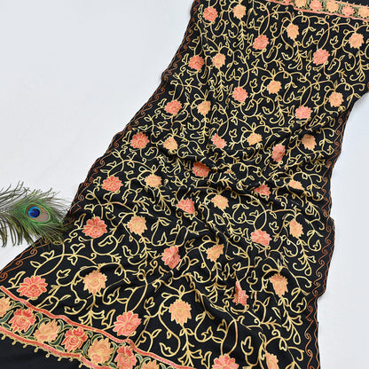 Vintage Stole Black woolen Handmade Ari work Long Throw Warm Stole Floral Design Fringes