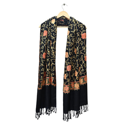 Vintage Stole Black woolen Handmade Ari work Long Throw Warm Stole Floral Design Fringes