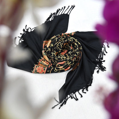Vintage Stole Black woolen Handmade Ari work Long Throw Warm Stole Floral Design Fringes