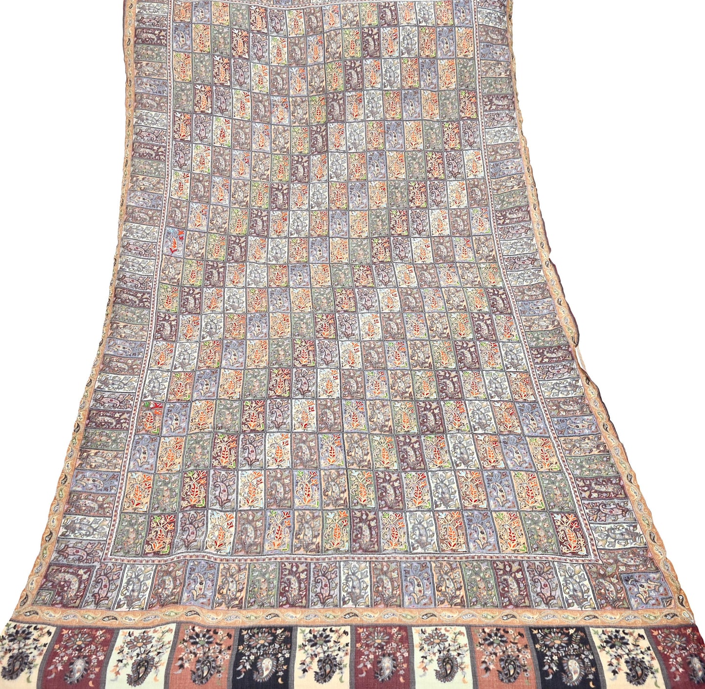 Indian Vintage Multi Pure Fine Wool Shawl Handmade Ari work Long Throw Stole Warm Stole Paisley Design