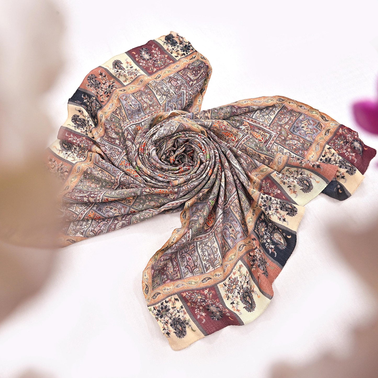 Indian Vintage Multi Pure Fine Wool Shawl Handmade Ari work Long Throw Stole Warm Stole Paisley Design