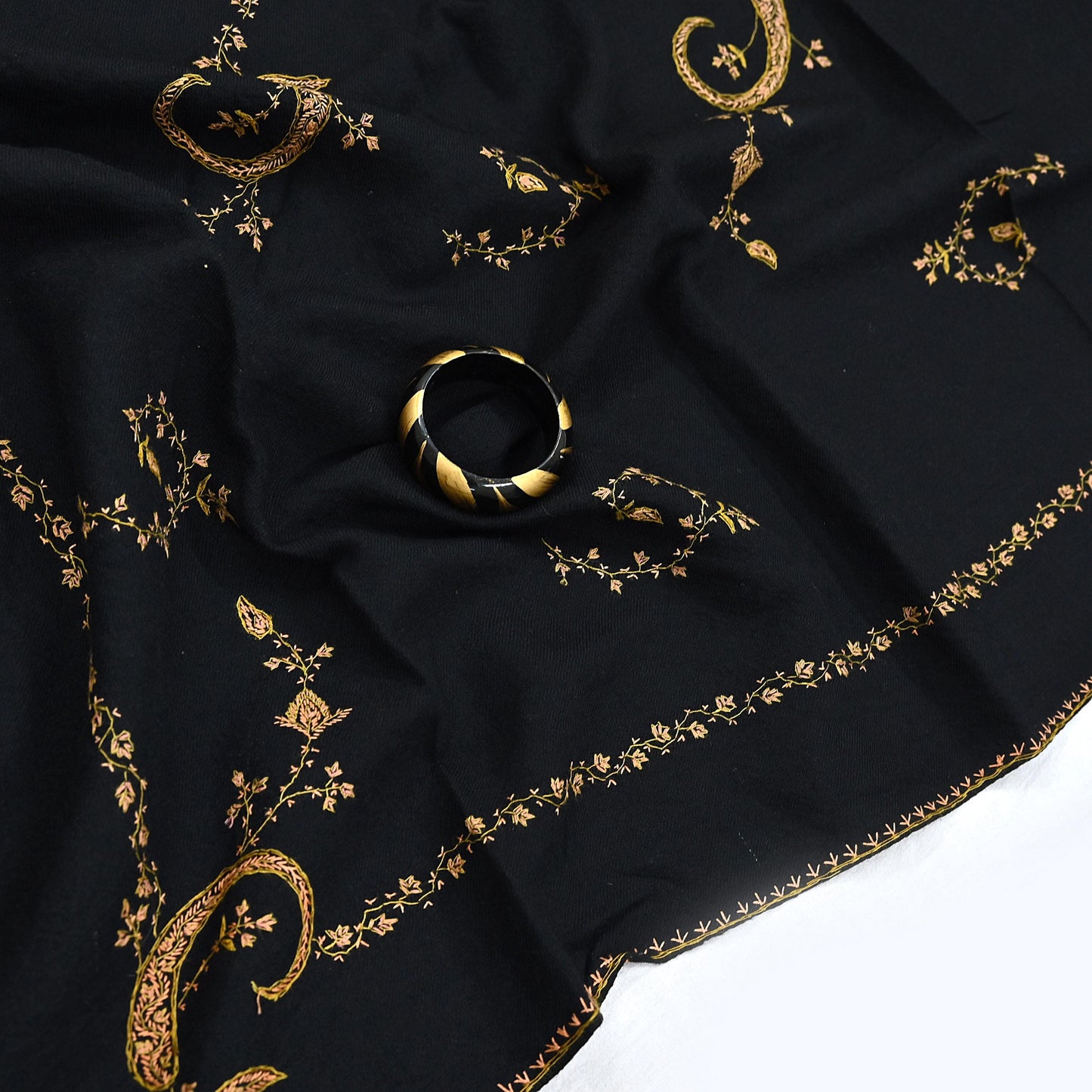 Indian Vintage Black Shawl Pure Woolen Handmade Suzani Long Throw Stole Warm Floral Design Soft Cozy