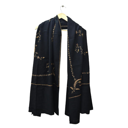 Indian Vintage Black Shawl Pure Woolen Handmade Suzani Long Throw Stole Warm Floral Design Soft Cozy