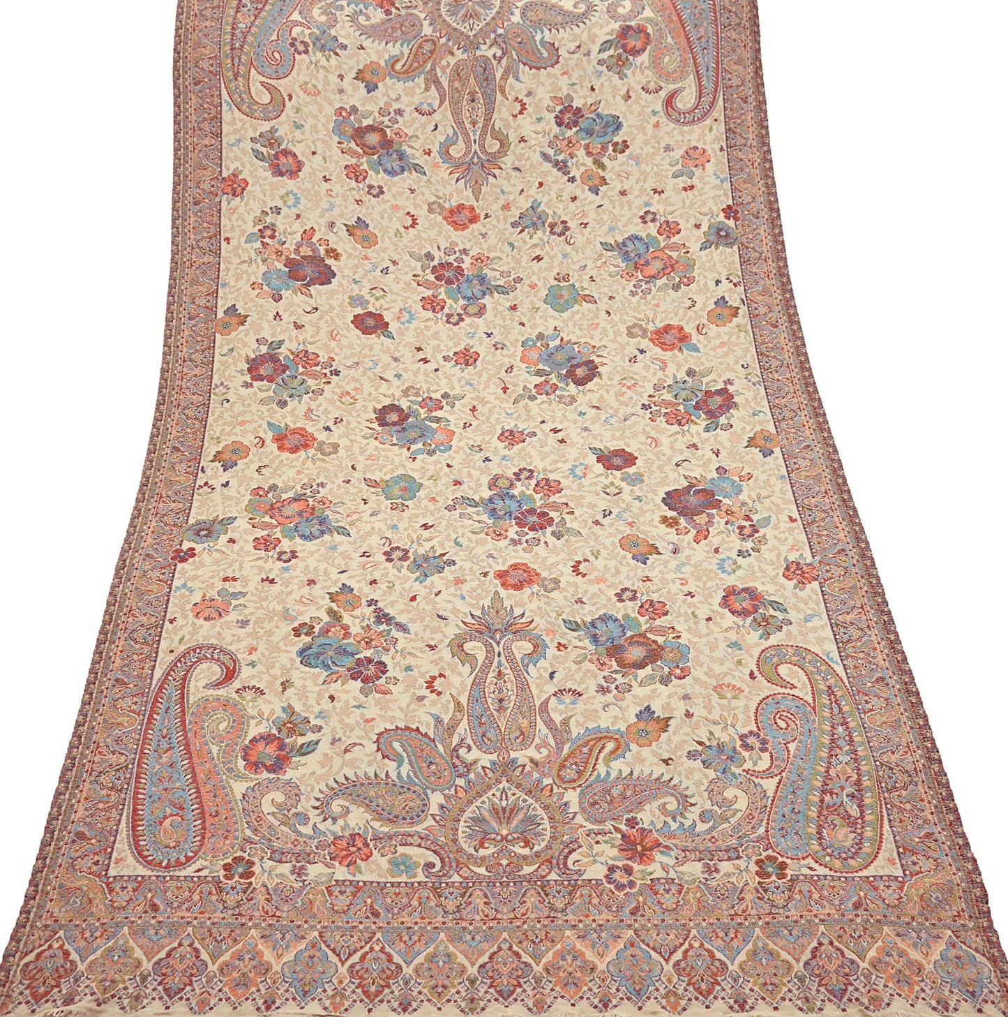 Vintage Beige woolen Shawl Handmade Woven Long Throw Stole Warm Stole Paisley Floral Design Fringes