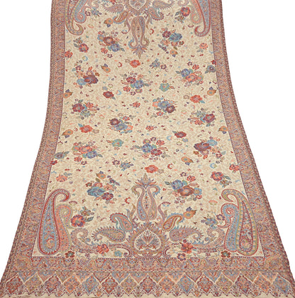Vintage Beige woolen Shawl Handmade Woven Long Throw Stole Warm Stole Paisley Floral Design Fringes