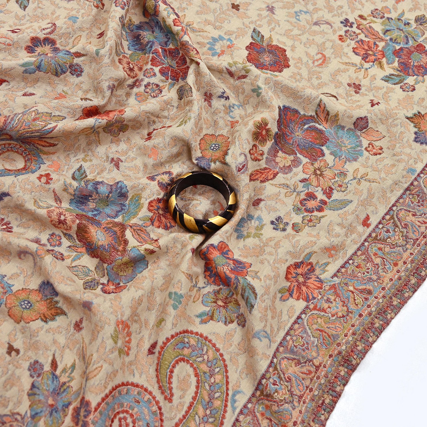 Vintage Beige woolen Shawl Handmade Woven Long Throw Stole Warm Stole Paisley Floral Design Fringes