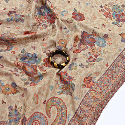 Vintage Beige woolen Shawl Handmade Woven Long Throw Stole Warm Stole Paisley Floral Design Fringes