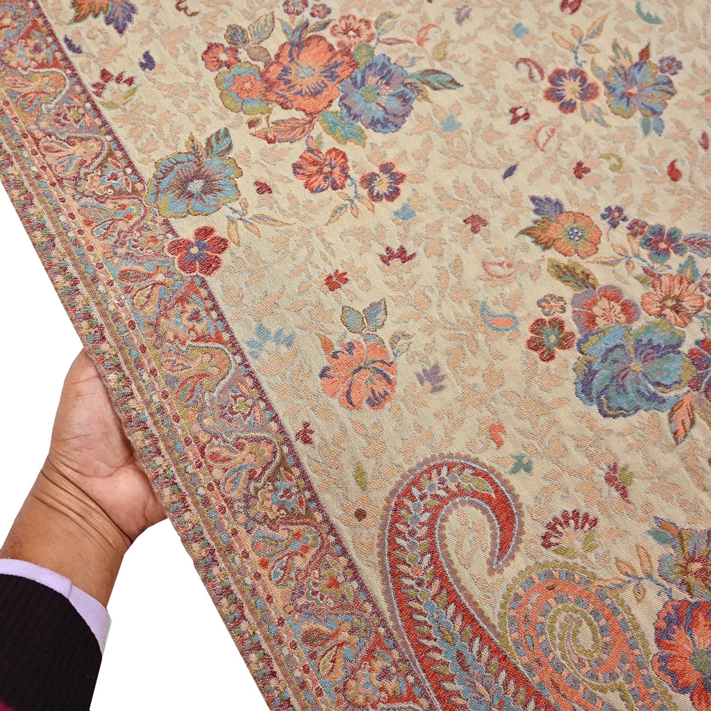 Vintage Beige woolen Shawl Handmade Woven Long Throw Stole Warm Stole Paisley Floral Design Fringes