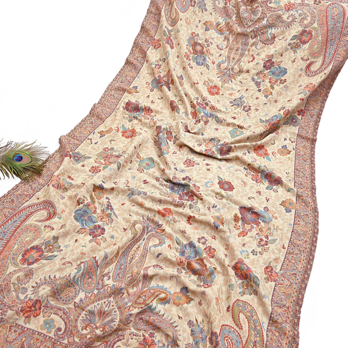 Vintage Beige woolen Shawl Handmade Woven Long Throw Stole Warm Stole Paisley Floral Design Fringes