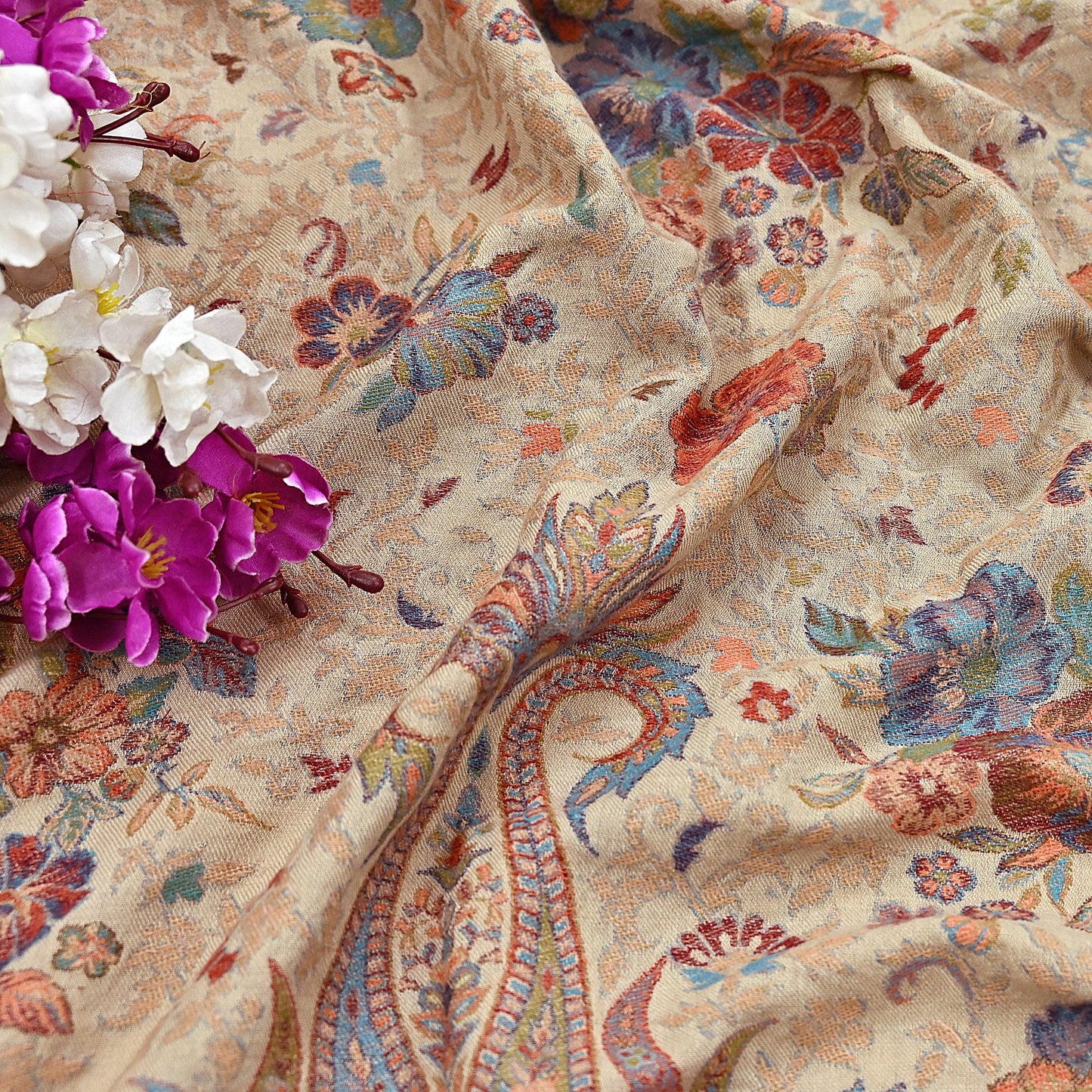 Vintage Beige woolen Shawl Handmade Woven Long Throw Stole Warm Stole Paisley Floral Design Fringes