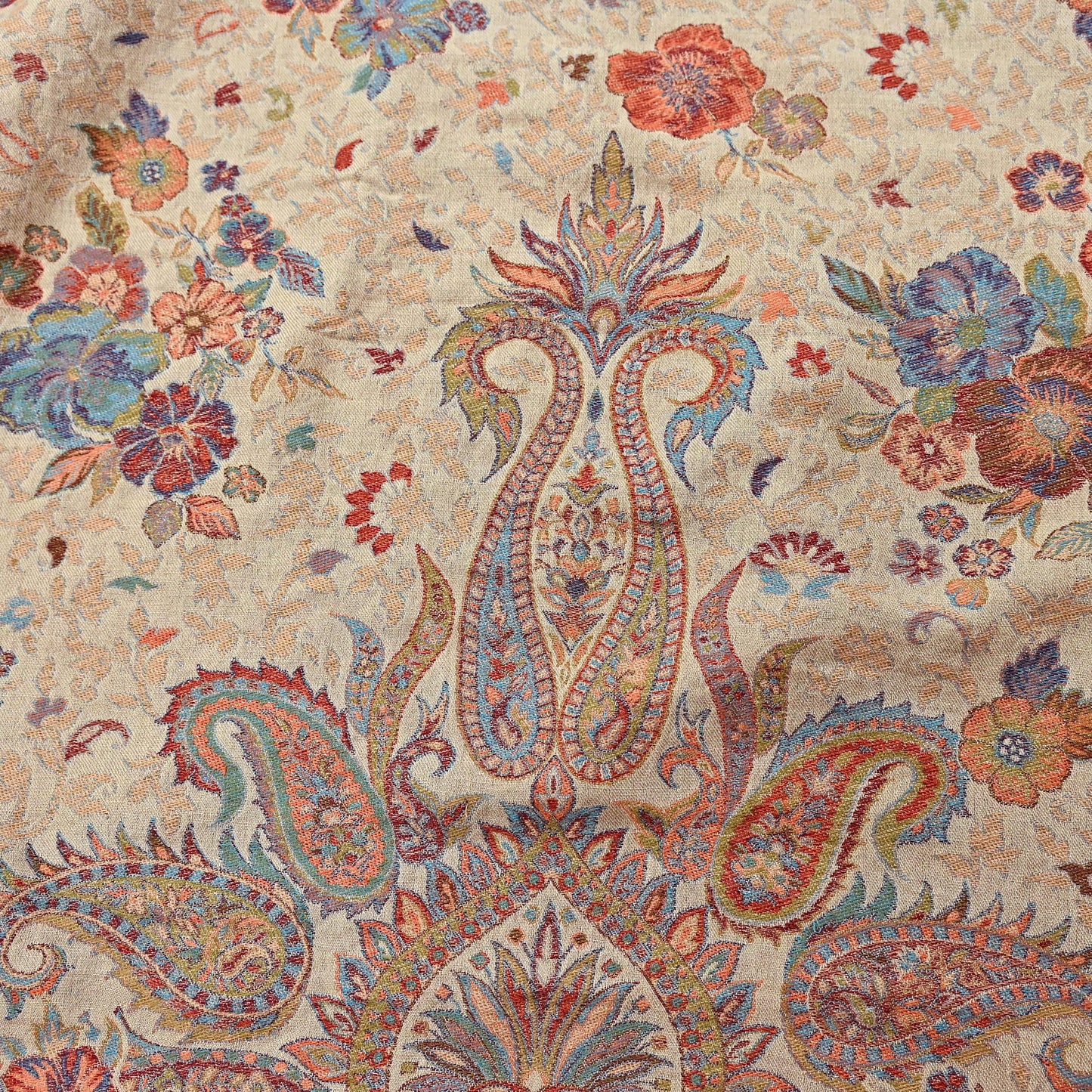 Vintage Beige woolen Shawl Handmade Woven Long Throw Stole Warm Stole Paisley Floral Design Fringes