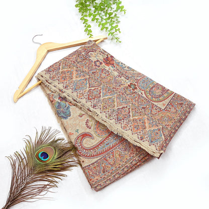 Vintage Beige woolen Shawl Handmade Woven Long Throw Stole Warm Stole Paisley Floral Design Fringes