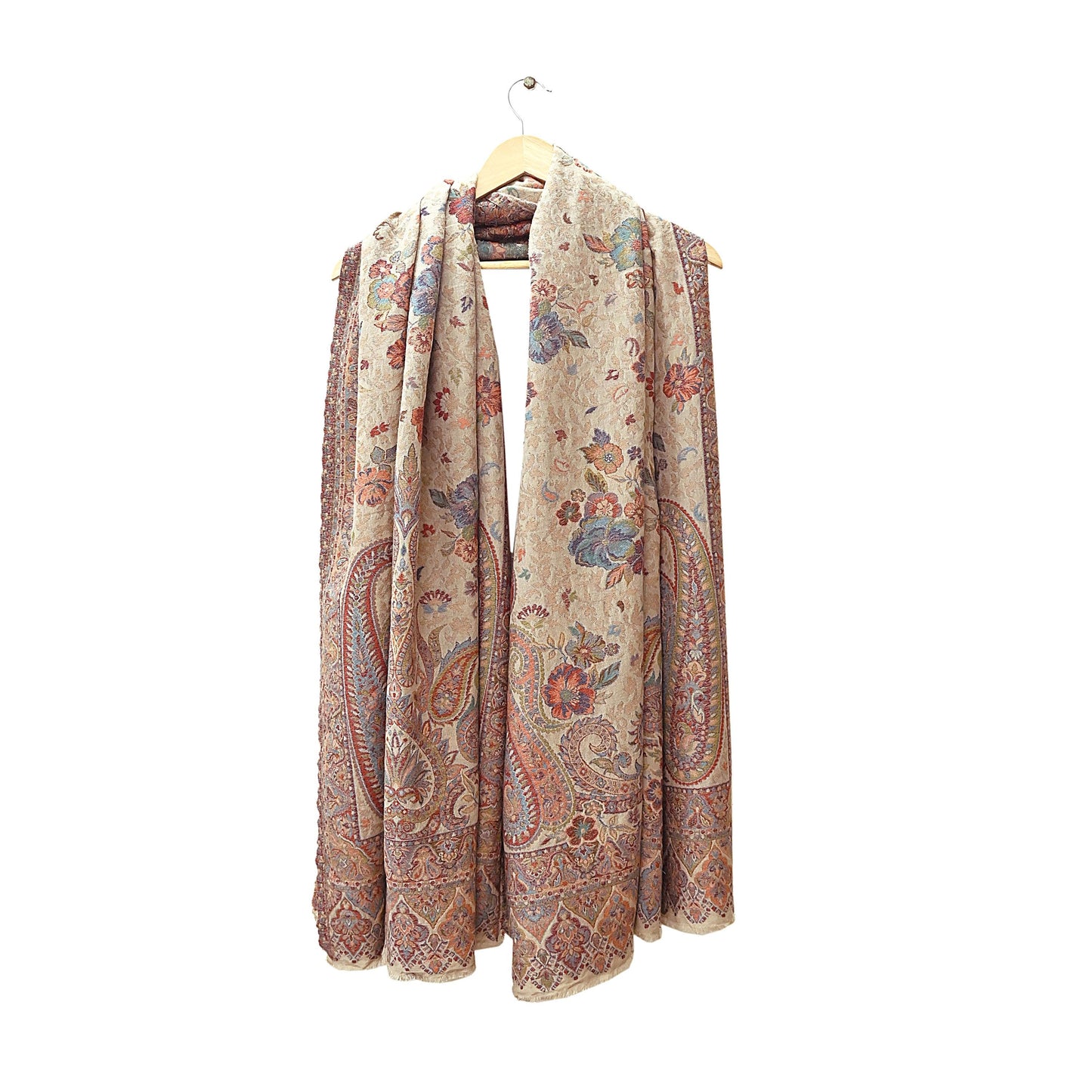Vintage Beige woolen Shawl Handmade Woven Long Throw Stole Warm Stole Paisley Floral Design Fringes