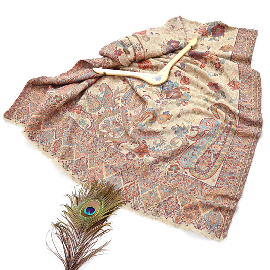 Vintage Beige woolen Shawl Handmade Woven Long Throw Stole Warm Stole Paisley Floral Design Fringes