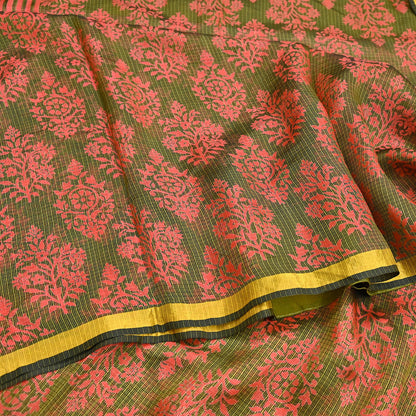 Indian Vintage Fabindia Sari Green & Peach Pure Silk Block Printed Sarees Craft Fabric 5Yd Floral Dress making bollywood silk sarees