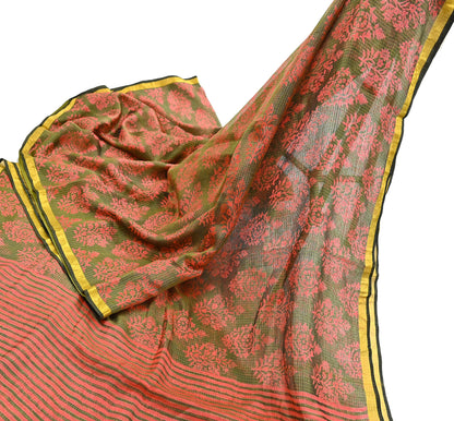 Indian Vintage Fabindia Sari Green & Peach Pure Silk Block Printed Sarees Craft Fabric 5Yd Floral Dress making bollywood silk sarees
