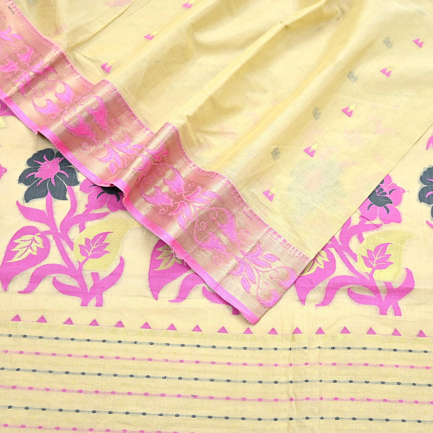 Indian Vintage Sari Beige Pure Cotton Hand Woven Sarees Craft Fabric 5yd Ethnic Floral Crafting Upcycle Quilting Dress Making Fringes