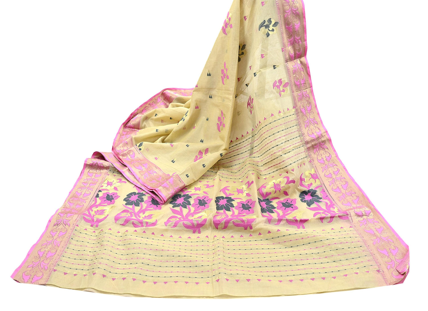 Indian Vintage Sari Beige Pure Cotton Hand Woven Sarees Craft Fabric 5yd Ethnic Floral Crafting Upcycle Quilting Dress Making Fringes