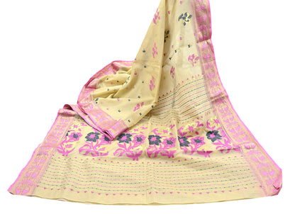 Indian Vintage Sari Beige Pure Cotton Hand Woven Sarees Craft Fabric 5yd Ethnic Floral Crafting Upcycle Quilting Dress Making Fringes