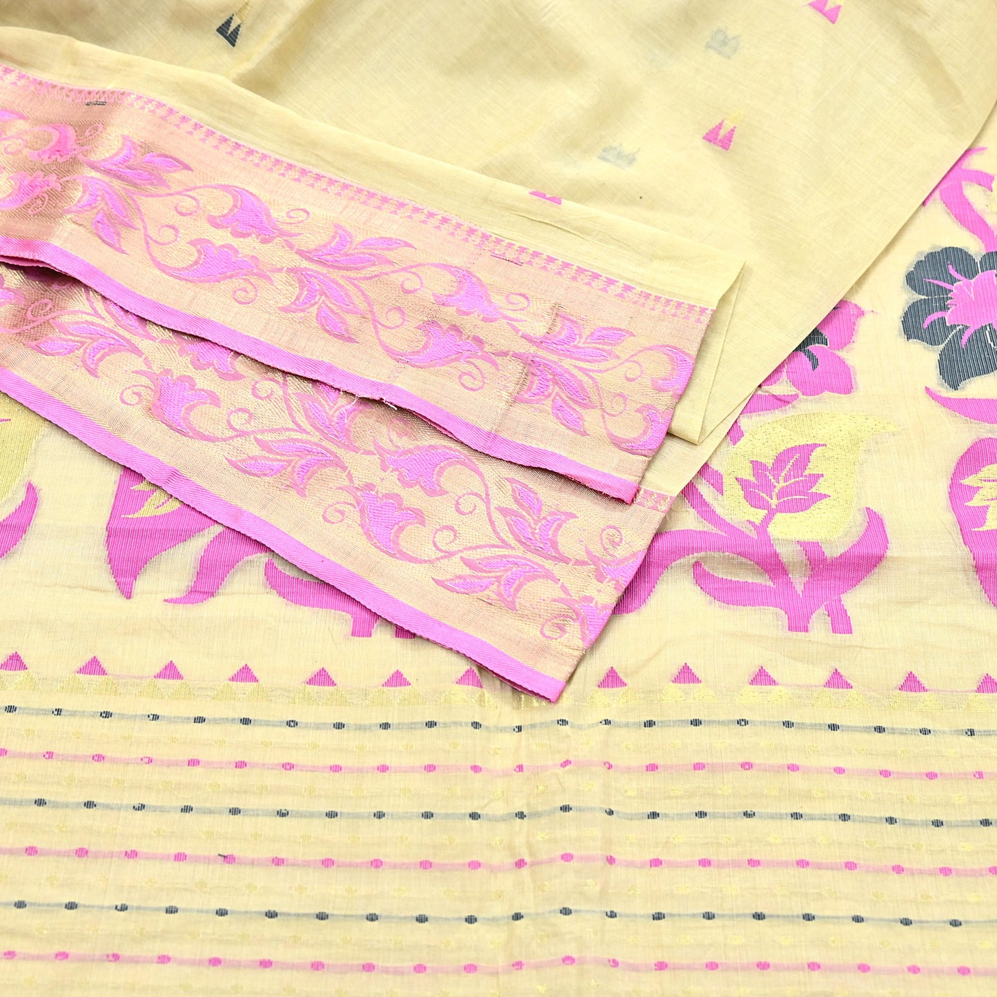 Indian Vintage Sari Beige Pure Cotton Hand Woven Sarees Craft Fabric 5yd Ethnic Floral Crafting Upcycle Quilting Dress Making Fringes