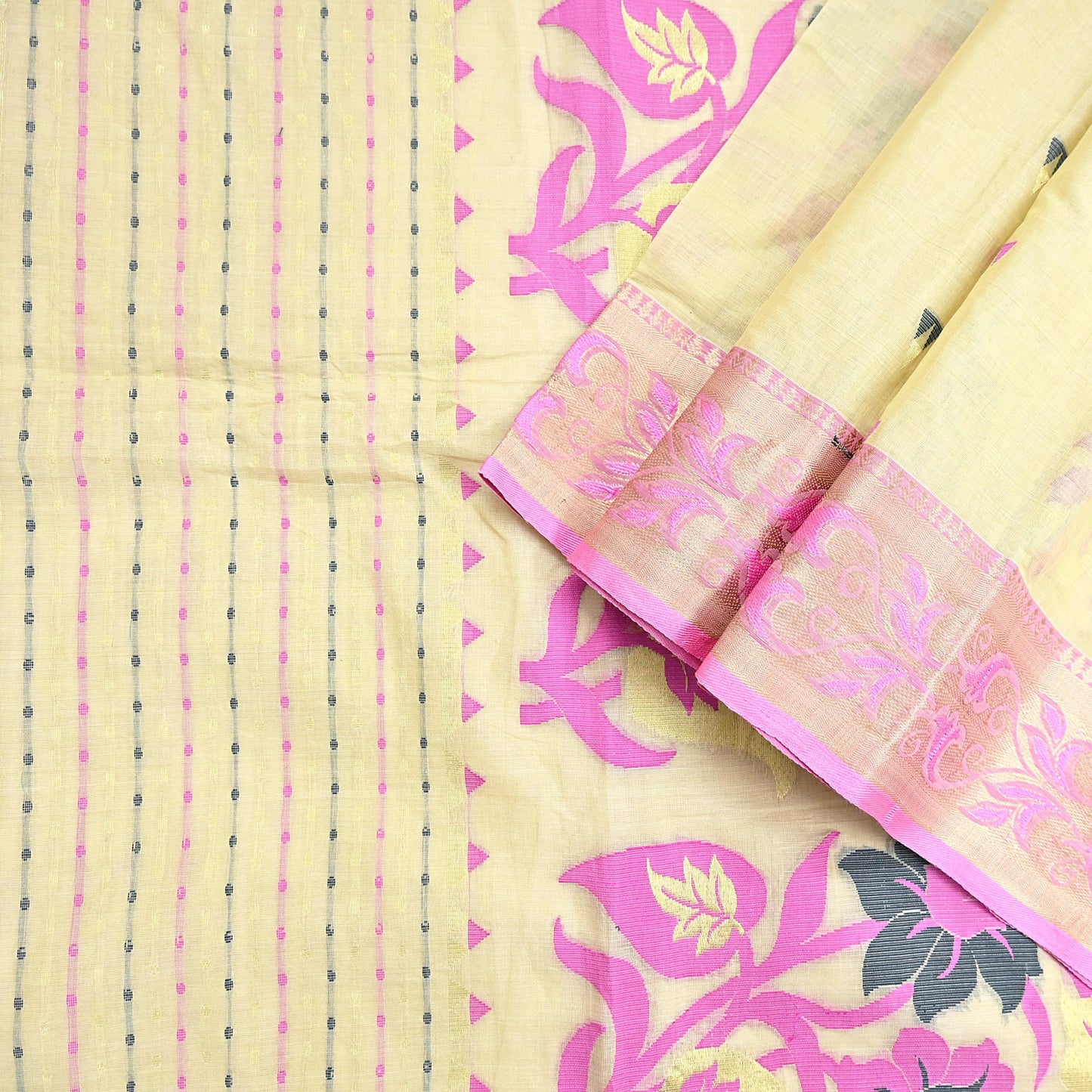 Indian Vintage Sari Beige Pure Cotton Hand Woven Sarees Craft Fabric 5yd Ethnic Floral Crafting Upcycle Quilting Dress Making Fringes