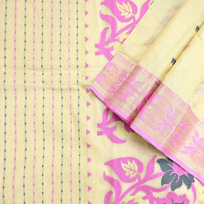 Indian Vintage Sari Beige Pure Cotton Hand Woven Sarees Craft Fabric 5yd Ethnic Floral Crafting Upcycle Quilting Dress Making Fringes