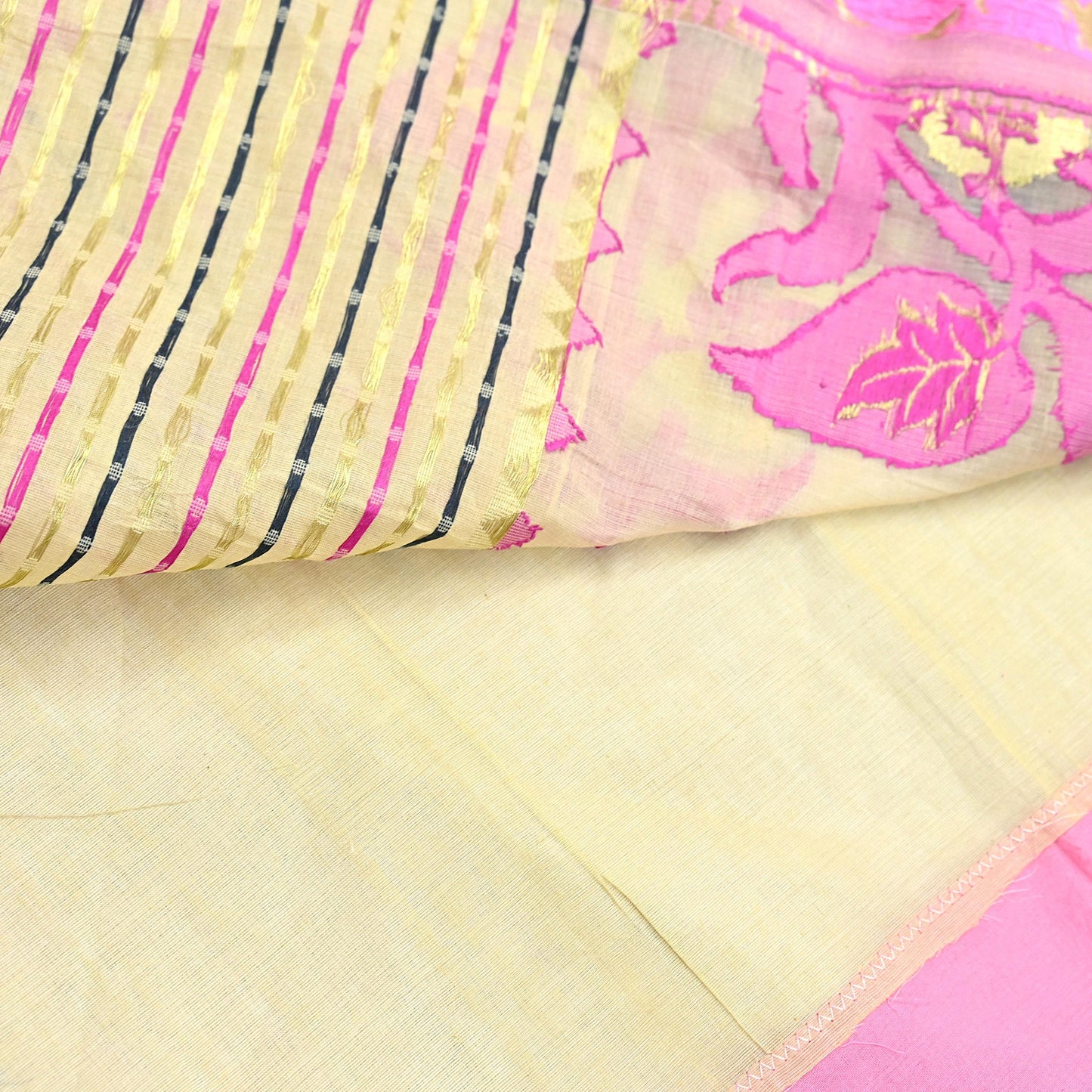 Indian Vintage Sari Beige Pure Cotton Hand Woven Sarees Craft Fabric 5yd Ethnic Floral Crafting Upcycle Quilting Dress Making Fringes