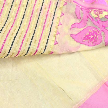 Indian Vintage Sari Beige Pure Cotton Hand Woven Sarees Craft Fabric 5yd Ethnic Floral Crafting Upcycle Quilting Dress Making Fringes