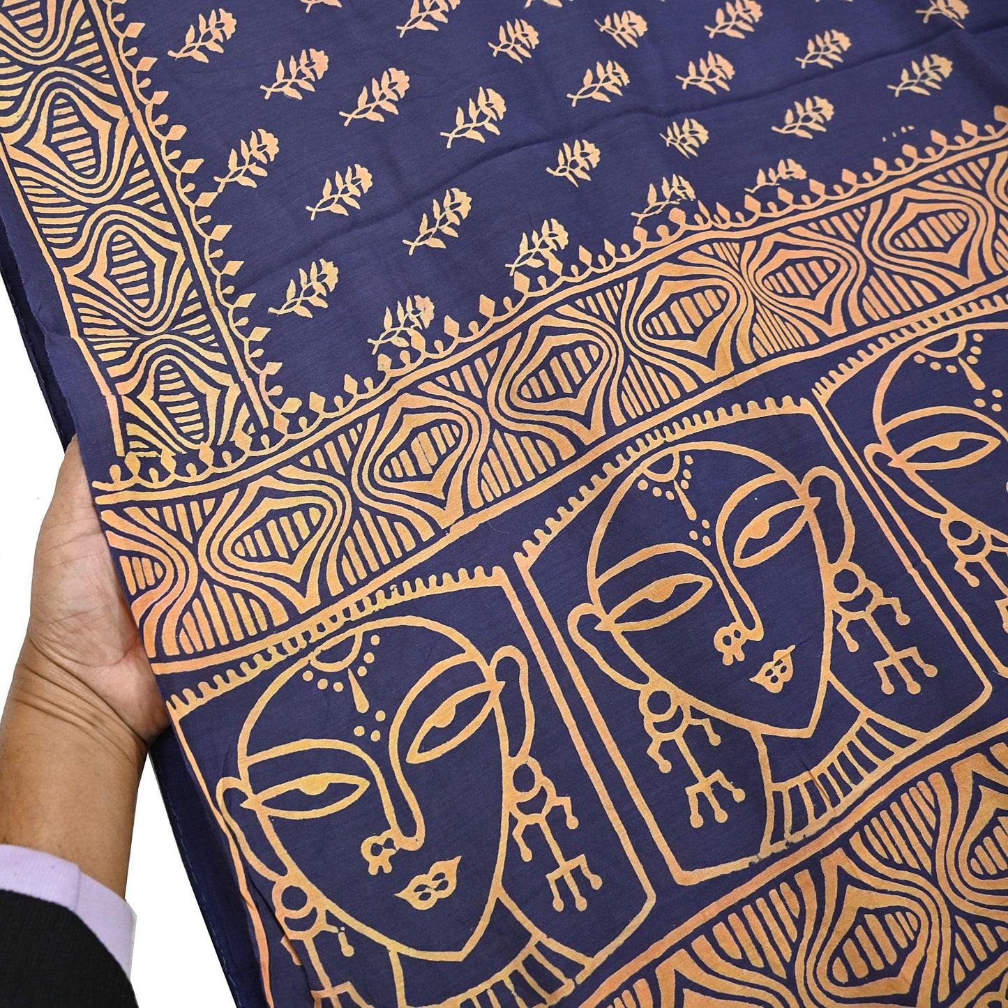 Indian Vintage Sari Blue Pure Chanderi Cotton Hand Block Printed Sarees 5Yd Craft Fabric Soft Sewing Sarong Dress Making Quilting