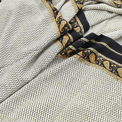 Indian Vintage Sari Ivory & black Pure Crepe Silk Printed Saree 5yard Sewing Quilting Floral Soft Craft Fabric Wrap