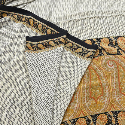 Indian Vintage Sari Ivory & black Pure Crepe Silk Printed Saree 5yard Sewing Quilting Floral Soft Craft Fabric Wrap