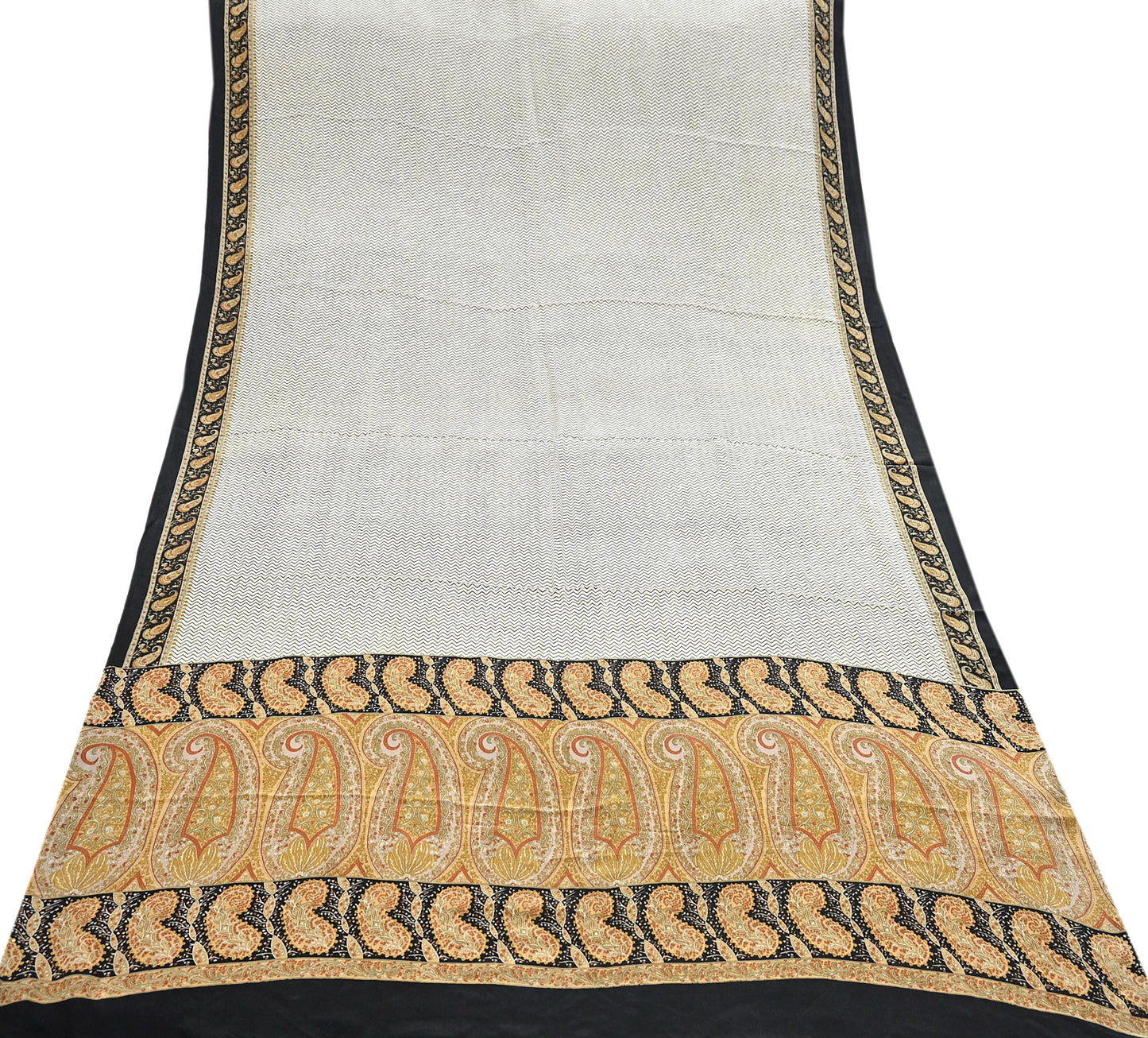 Indian Vintage Sari Ivory & black Pure Crepe Silk Printed Saree 5yard Sewing Quilting Floral Soft Craft Fabric Wrap