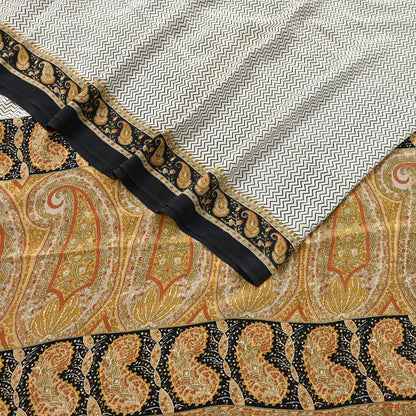 Indian Vintage Sari Ivory & black Pure Crepe Silk Printed Saree 5yard Sewing Quilting Floral Soft Craft Fabric Wrap