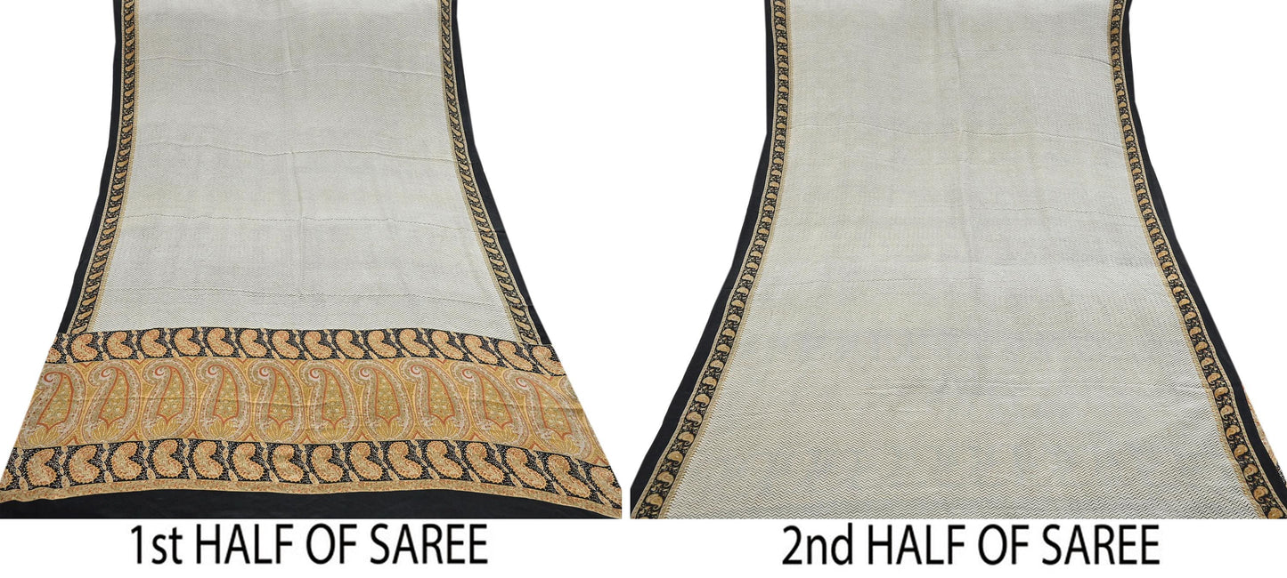 Indian Vintage Sari Ivory & black Pure Crepe Silk Printed Saree 5yard Sewing Quilting Floral Soft Craft Fabric Wrap