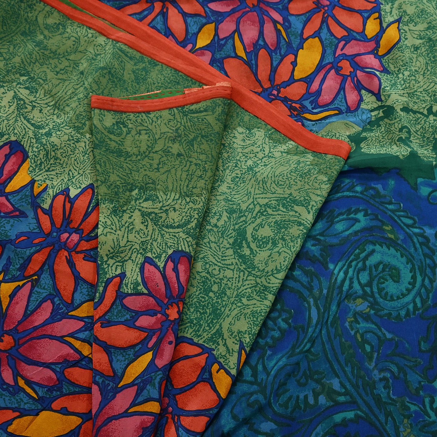 Indian Vintage Sari Green & Blue Pure Crepe Silk Printed Sarees 5yd Sewing Soft Craft Fabric Wrap Dress Making Crafting Quilting Upcycle