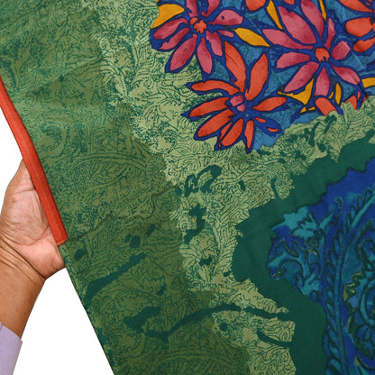 Indian Vintage Sari Green & Blue Pure Crepe Silk Printed Sarees 5yd Sewing Soft Craft Fabric Wrap Dress Making Crafting Quilting Upcycle