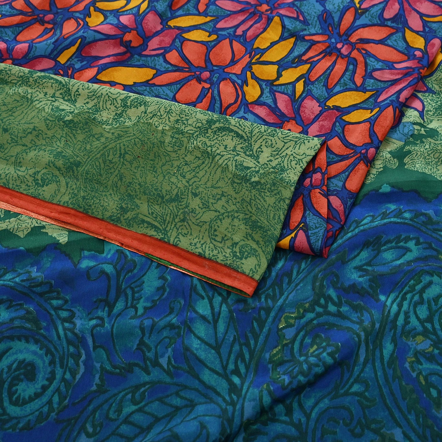 Indian Vintage Sari Green & Blue Pure Crepe Silk Printed Sarees 5yd Sewing Soft Craft Fabric Wrap Dress Making Crafting Quilting Upcycle