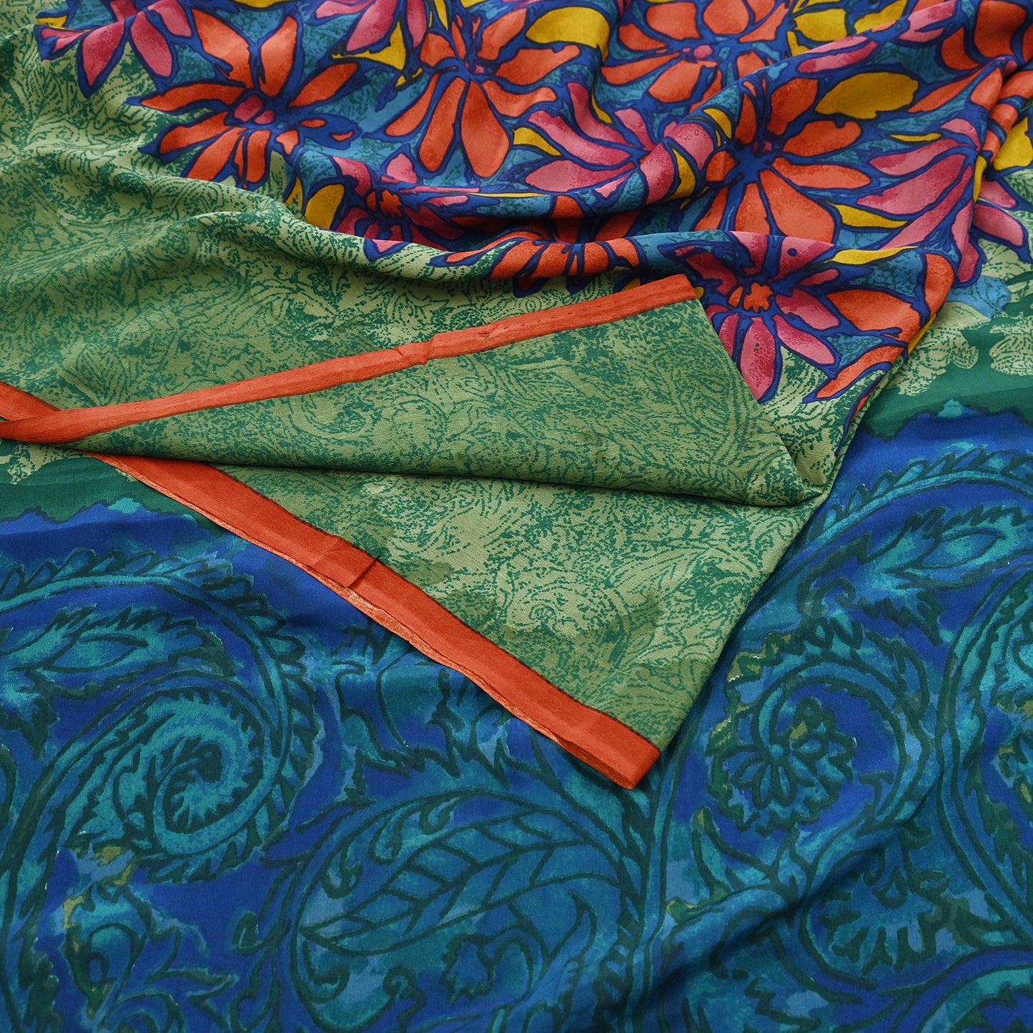 Indian Vintage Sari Green & Blue Pure Crepe Silk Printed Sarees 5yd Sewing Soft Craft Fabric Wrap Dress Making Crafting Quilting Upcycle