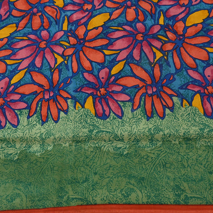 Indian Vintage Sari Green & Blue Pure Crepe Silk Printed Sarees 5yd Sewing Soft Craft Fabric Wrap Dress Making Crafting Quilting Upcycle