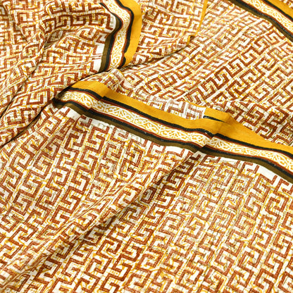 Indian Vintage Ivory Pure Crepe Silk Saree Geometric Print 5 Yards Soft Sewing Fabric for Dressmaking, Quilting, Crafting Upcycling