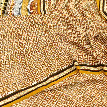 Indian Vintage Ivory Pure Crepe Silk Saree Geometric Print 5 Yards Soft Sewing Fabric for Dressmaking, Quilting, Crafting Upcycling
