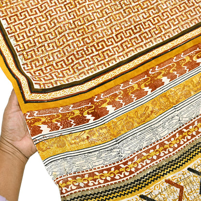 Indian Vintage Ivory Pure Crepe Silk Saree Geometric Print 5 Yards Soft Sewing Fabric for Dressmaking, Quilting, Crafting Upcycling