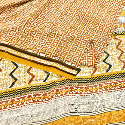 Indian Vintage Ivory Pure Crepe Silk Saree Geometric Print 5 Yards Soft Sewing Fabric for Dressmaking, Quilting, Crafting Upcycling