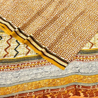 Indian Vintage Ivory Pure Crepe Silk Saree Geometric Print 5 Yards Soft Sewing Fabric for Dressmaking, Quilting, Crafting Upcycling