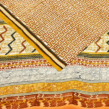 Indian Vintage Ivory Pure Crepe Silk Saree Geometric Print 5 Yards Soft Sewing Fabric for Dressmaking, Quilting, Crafting Upcycling
