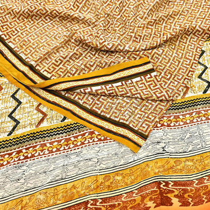 Indian Vintage Ivory Pure Crepe Silk Saree Geometric Print 5 Yards Soft Sewing Fabric for Dressmaking, Quilting, Crafting Upcycling