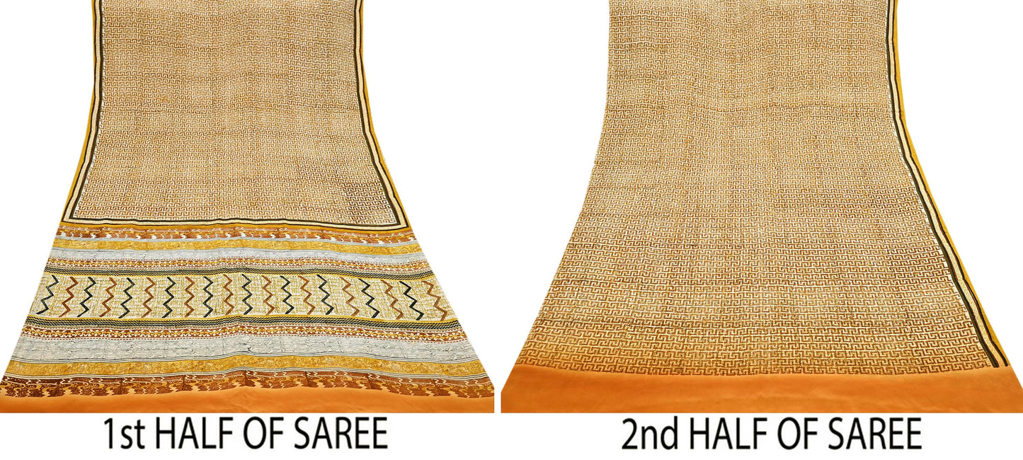 Indian Vintage Ivory Pure Crepe Silk Saree Geometric Print 5 Yards Soft Sewing Fabric for Dressmaking, Quilting, Crafting Upcycling