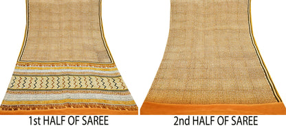 Indian Vintage Ivory Pure Crepe Silk Saree Geometric Print 5 Yards Soft Sewing Fabric for Dressmaking, Quilting, Crafting Upcycling