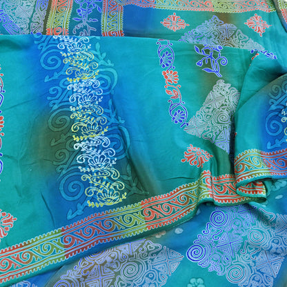 Indian Vintage Sari Green & Blue Pure Crepe Silk Printed Sarees 5yd Sewing Soft Craft Fabric Wrap Dress Making Crafting Quilting Upcycle